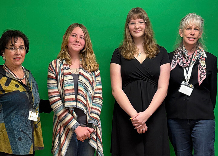 Winners Kristen Court and Shaylee Wescott pose with members of the General Federation of Women&rsquo;s Club of Las Cruces President Chayo Garcia and member Linda Gibbons on Friday, March 14, 2025.