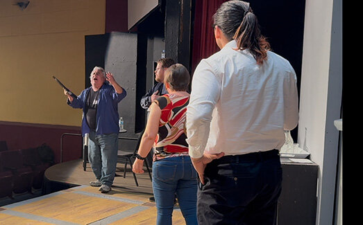 Teddy Apen-Sanchez, left, rehearses with David Martin, center left, Joy Lightfoot, center right, and Chad Gonzalez, right, in a scene from &ldquo;Rossum&rsquo;s Universal Robots,&rdquo; running March 28 through April 13 at Las Cruces Community Theatre, 313 N. Main St.