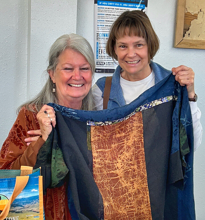 Sandra Cantrell with jacket mended by SWFAC member Lisa Banfield