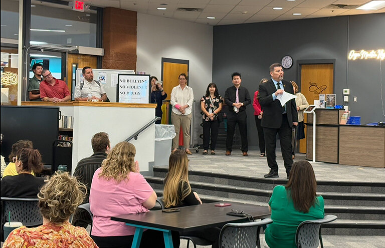 OMHS photo: Las Cruces Public Schools Superintendent Ruiz’s visited Organ Mountain High School  to congratulate educators during a staff meeting.