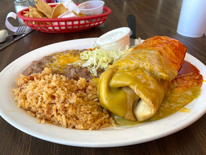 Chimichanga Ramonas - Ramona's Cafe's chimichanga plate, smothered in New Mexico red and green chile, is the most authentic taste of Bootheel cuisine.