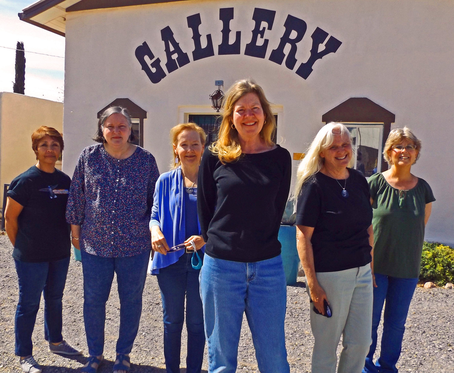 Chiricahua Art Gallery Board Members: (left to right) Eva Escalante, Alicia Christensen, Julie Prior-Magee; (center) Joan McAvoy, president; Joanne Snowdon, Deb Bernard, (not-pictured) Loy Guzman.  They represent more than 35 artists and crafts people featured in this year’s annual Spring Show at the Rodeo based art gallery steeped in “old frontier”lore.