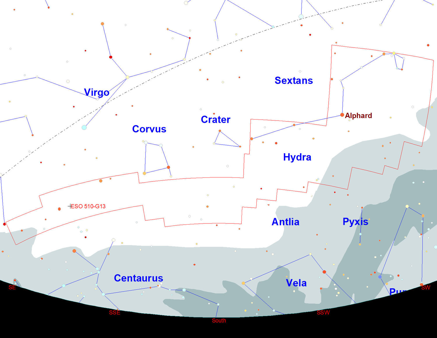 The largest constellation in the sky is Hydra, the water snake. This constellation winds its way from a circlet at the northwestern end representing the head of the snake. The other two constellations in the myth, Corvus, the Crow and Crater, the Cup, are above the back of Hydra. Most of the stars in this constellation are faint, except for second magnitude Alphard. Even with the large size of this constellation, there are only three Messier objects, M83, the Southern Pinwheel Galaxy, the globular cluster M68, and the open cluster M48.