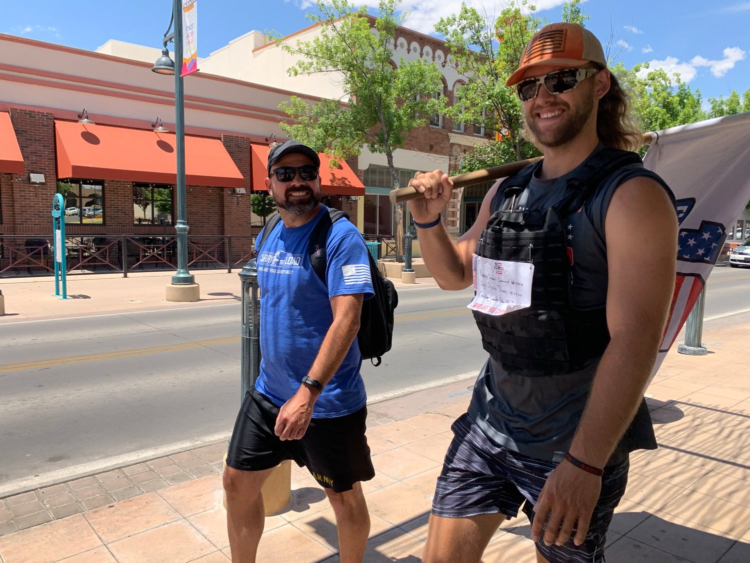Rocky Everett and Jason Diggins “Carry the Load” through Downtown Las Cruces as part of the nonprofit effort to recognize veterans and first responders who have lost their lives. The Carry the Load events has four relays that converge in Dallas for Memorial Day. The West Coast Relay, which came through Las Cruces May 18, started in Seattle.