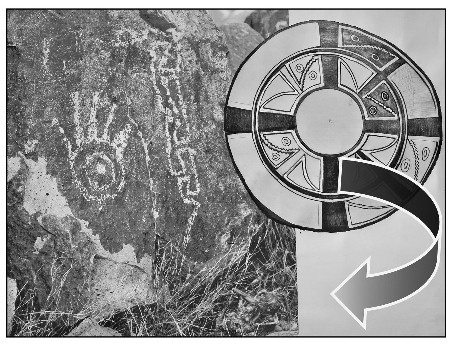 During Winter Solstice, at A Mimbres-style petroglyph of a vertical open-ended chain mirrors the chain in a closed circle in a Mimbres painted bowl. The painters’ skills in geometry and symmetry often transform flat images to three-dimensional images.mid-morning, the shadow from a casting stone bisects the human hand with a concentric circle and point motif. Simultaneously, a small circle with a point in its center at the end of a vertical square-chain motif is also bisected.