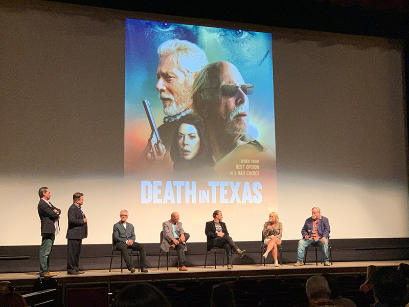 Cast members and producers of “Death in Texas” take the stage for a Q&A session following the screening of the movie. Left to right are lead producer Brandon Menchen, Plaza Community Director Doug Pullen, actor Steven Lang, actor John Ashton, actor Ronnie Gene Blevins, executive producer Riki Rushing and executive producer Allen Gilmer.