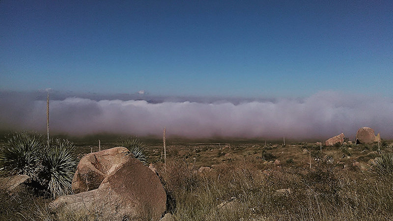 A low cloud that came down off the Organ Mountains moving away from the Baylor Canyon hiking trailhead - November 2016.