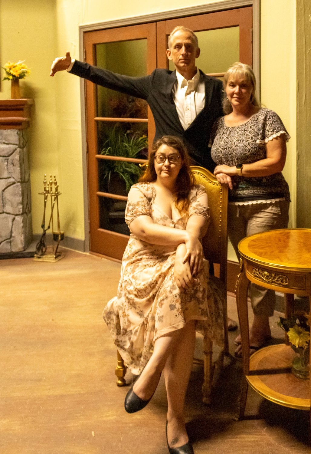 In rehearsal for Las Cruces Community Theatre’s upcoming production of “Harvey” are Brandon Brown (Elwood P. Dowd), Lennie Brown (Veta Louise Simmons) and seated, Alex Wheeler Larkin (Myrtle Mae Simmons). At far right is Harvey.