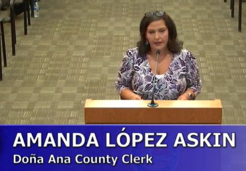 Doña Ana County Clerk Amanda Lopez Askin speaking at the July 13 county commission meeting about proposed additions to voting convenience centers and county precincts.