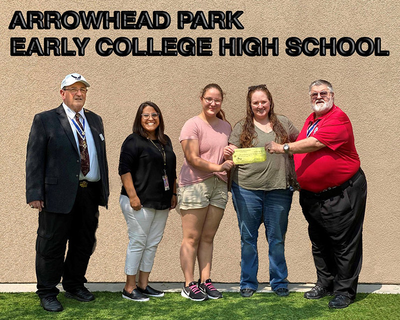 Gadsden Chapter, Sons of the American Revolution presents a $500 check to the Speech and Debate Club at Arrowhead Park Early College High School. Left to right in the photo are Gadsden Chapter SAR past president/chaplain Dave Curtiss, APECHS Principal Gabriela Alaniz, APECHS speech and debate student Delaney Sivils, speech and debate coach/history teacher Wendy Graham and Gadsden Chapter President Don Williams.