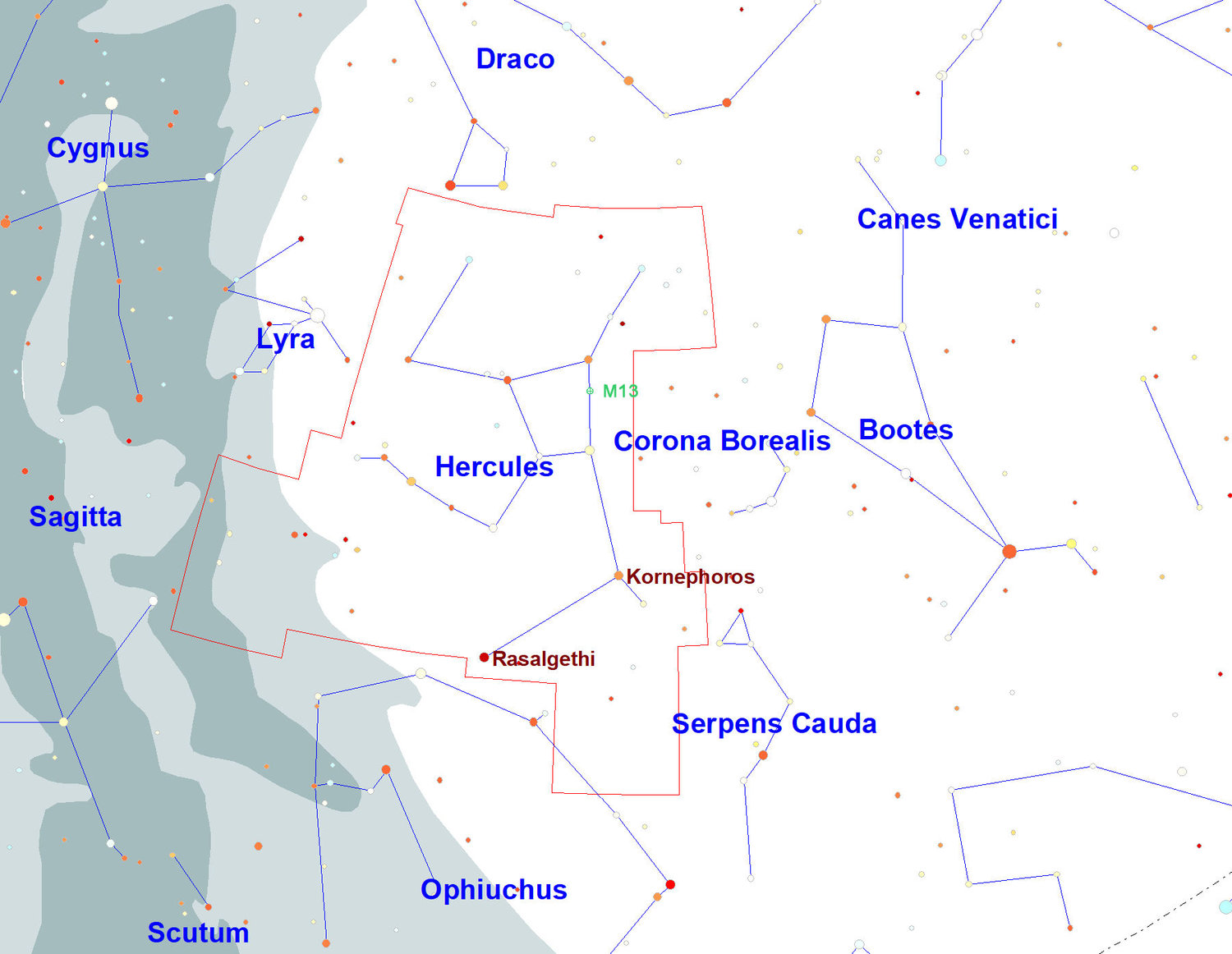 Passing nearly overhead, the constellation Hercules is the fifth largest constellation in the sky. The trapezoid in the center of Hercules is called the Keystone. Just a little north of the center of the west side of the Keystone is the great globular cluster M13. This cluster is visible to the naked eye in a dark site and it is readily visible in binoculars. It appears as a large fuzzy circle about two-thirds the diameter of the Moon.