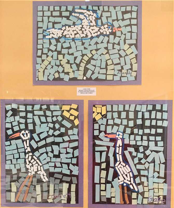 Paper and glue mosaics: top is “Least Tearn,” by Alianah Borunda; bottom left is “Stork,” by Garrett Binns; and bottom right is “Stork” by Gage Binns. All three students are third-graders at Mesilla Elementary School, Las Cruces Public Schools. Frances Gomez is their art teacher.
