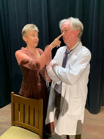Real-life husband and wife Cindy Murrell and David Edwards in a rehearsal of Las Cruces Community Theatre’s production of “Harvey.”