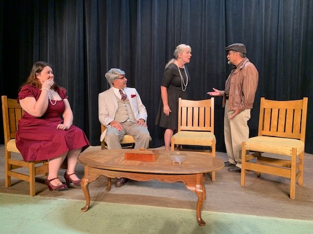 Left to right, in a rehearsal of “Harvey” at Las Cruces Community Theatre, are Alex Wheeler Larkin, Mike Cruz, Lennie Marie Brown and Ed Montes.