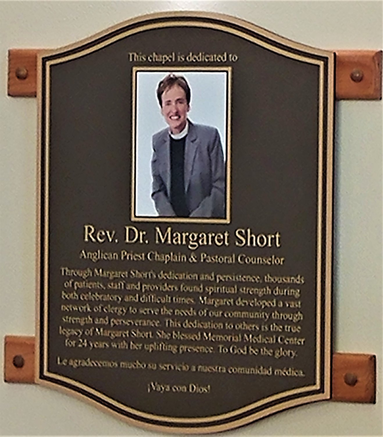 The plaque honoring the Rev. Dr. Margaret Short in Memorial Medical Center’s chapel.