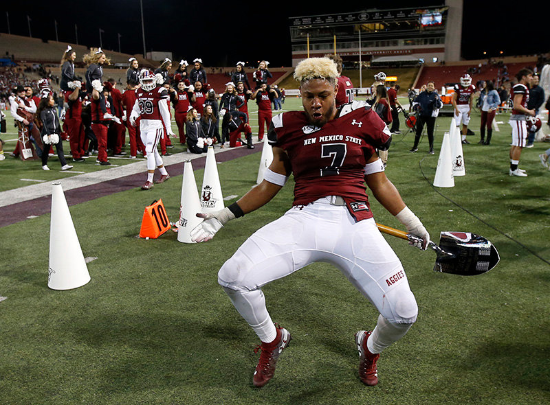 Javahn Ferguson celebrates the Aggies’ 2019 win over the Miners.
Saturday’s game will be the 98th meeting between the schools, dating back to 1914.