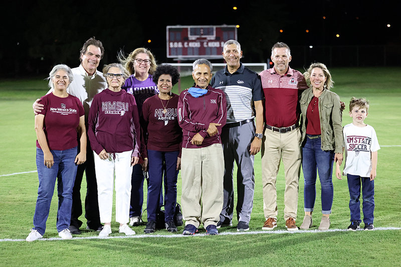 Former New Mexico state Sen. Mary Kay Papen and New Mexico State Athletics Director Mario Moccia and group of dignitaries pose during the lighting system dedication at the university’s Soccer Athletics Complex on Aug. 16.