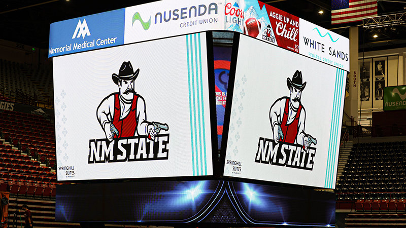 NM State Director of Athletics Mario Moccia announced the completion of a months-long installation process of a brand-new, state-of-the-art video board inside the Pan American Center.