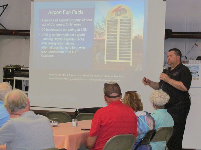 Las Cruces International Airport Administrator Andy Hume gives members of the Picacho Hills Property Owners Association an update on the airport Aug. 11.