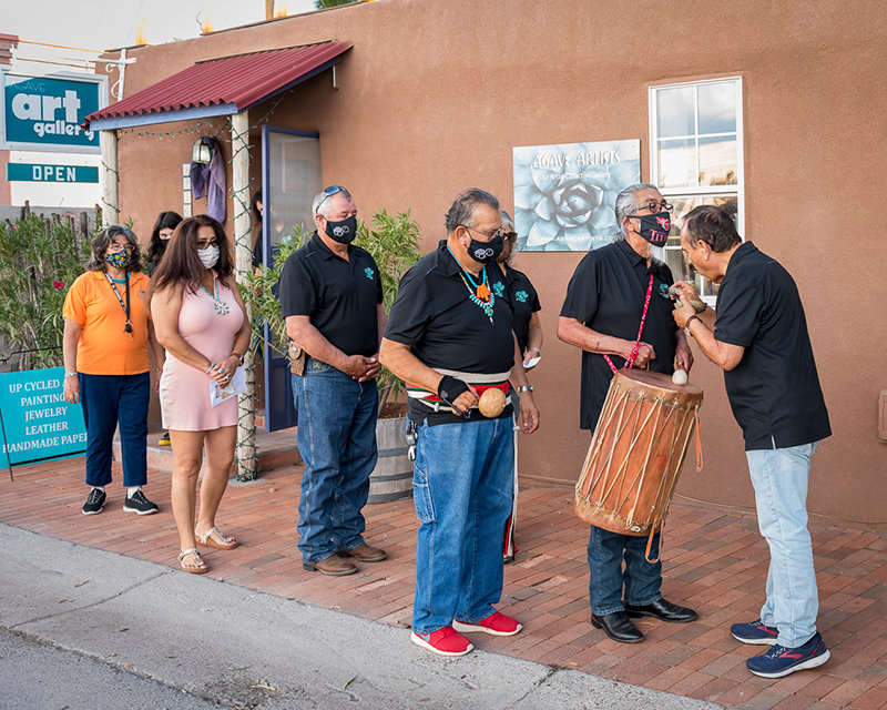 Members of Tortugas Pueblo, led by Cacique Patrick Narvaez, bless Agave Artists’ Gallery.