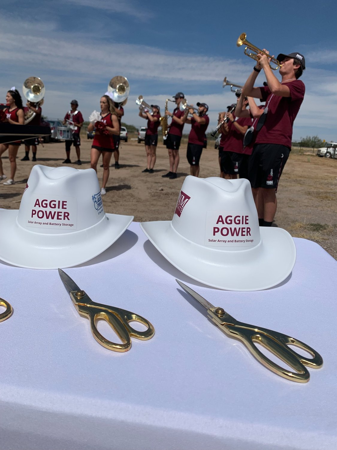New Mexico State University’s Pride Band introduces preparations to cut the ribbon at Aggie Power located at Arrowhead Research Park on Thursday, Sept. 23.