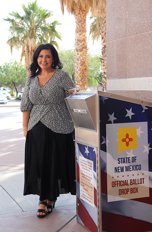 Beginning Tuesday, Oct. 5, Doña Ana County will have 24-hour secured containers on site at early voting locations throughout the county. County Clerk Amanda Lopez Askin is shown with one of the containers.
