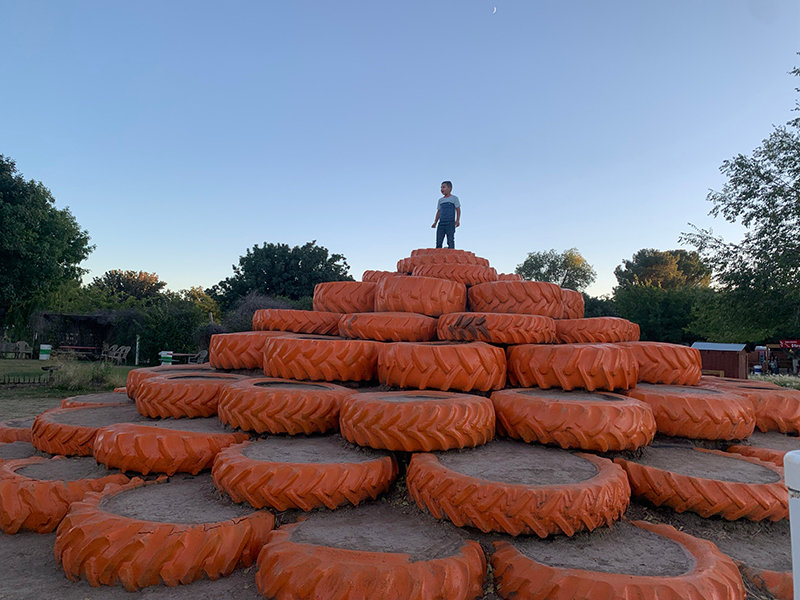 A mountain of tractor tires is the perfect location for king-of-the-hill at the Mesilla Valley Maze playground area.