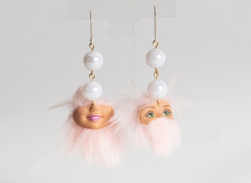 Julieanna Lerma’s pieces are centered around childhood nostalgia. These earrings were created using Barbie doll parts.