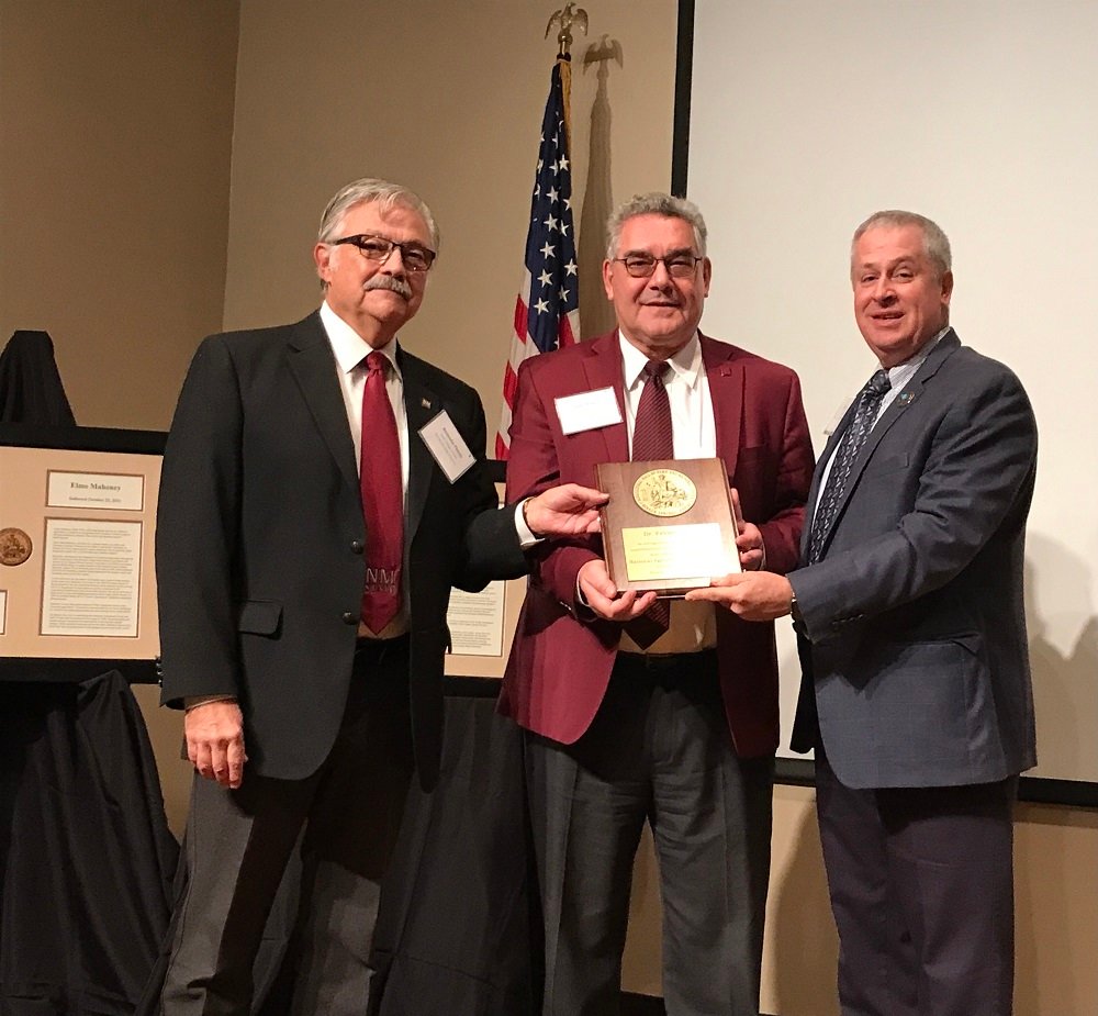 From left, New Mexico State University College of Agricultural, Consumer and Environmental Sciences Dean Rolando Flores Galarza, NMSU President John Floros and New Mexico Secretary of Agriculture Jeff Witte attended the induction ceremony for Fabián García in the National Agricultural Center’s Hall of Fame in Kansas.