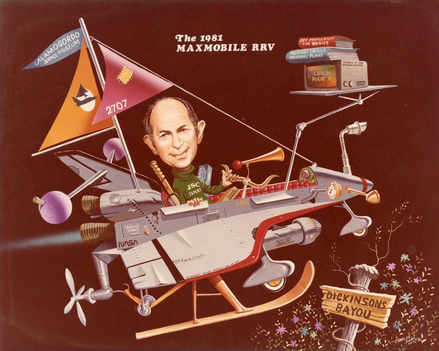 The 1981 Max Mobile RRV. This caricature shows Faget as he readies for retirement in his “RRV” – Retirement, Recreation Vehicle – a combination of a space shuttle, motorboat, sail plane, and seaplane. Note the flag atop the mast.