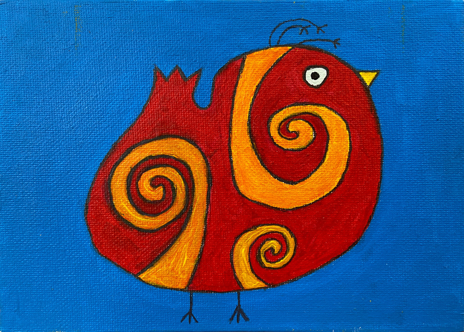 “Red Swirly Quail on Blue,” by Mary Prentice