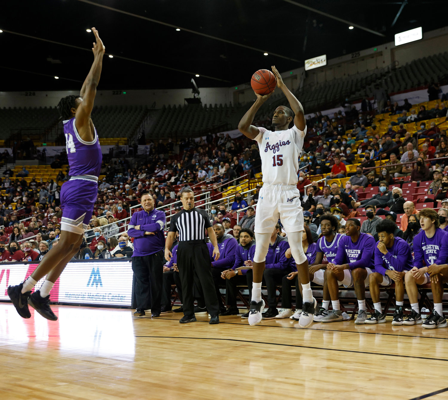 New Mexico State University sophomore Mike Peake takes a shot against Tarleton during the Aggies’ 73-57 win Jan. 13.
