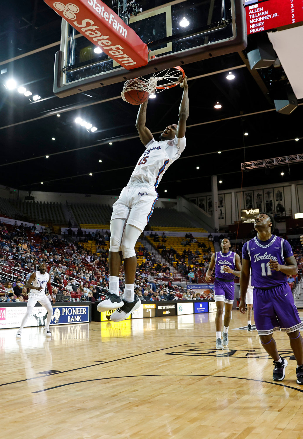 New Mexico State University sophomore Mike Peak dunks during the Aggies’ 73-57 win over Tarleton Jan. 13.