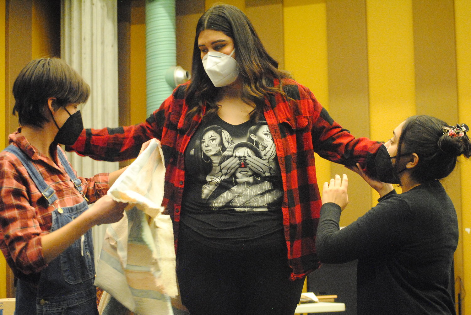 Left to right are Elia Vasquez (“Medea”), Bianca Castro (“Josephina”) and Dominque Gomez (“Tita”) in a rehearsal of the NMSU Theatre Department’s production of “Mojada: A Medea in Los Angeles.”