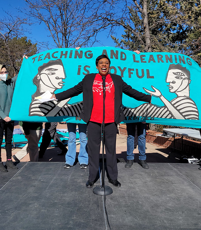 National Education Association (NEA) national President Becky Pringle speaking at the NEA-New Mexico rally held outside the state capitol building in Santa Fe Jan. 23.