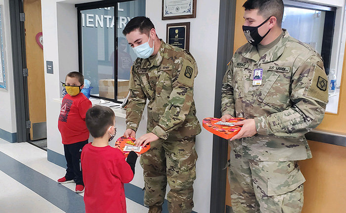 Students presented PFC Brannan Artman and SPC Mario Meraz with Valentine’s candy and a few gift cards to show their appreciation for their service.