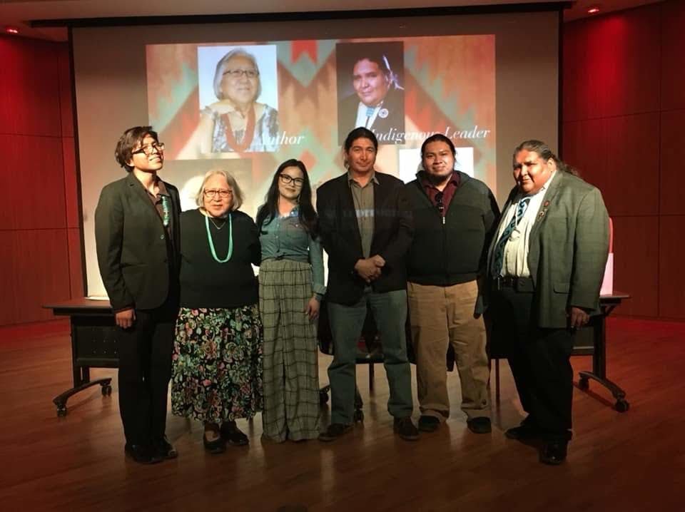 A panel of indigenous professionals presenting recently at NMSU’s American Indian Student Center included, left to right, United Native American Organization President Reyaun Francisco, author Dr. Evangeline Parsons Yazzie, Native Women Lead Executive Director Alicia Ortega, NMSU visiting professor in 3D animation Anthony Deiter, NMSU American Indian Program Director Michael Ray and former Vice Chairman of the Tohono O’odham Nation Verlon Jose.