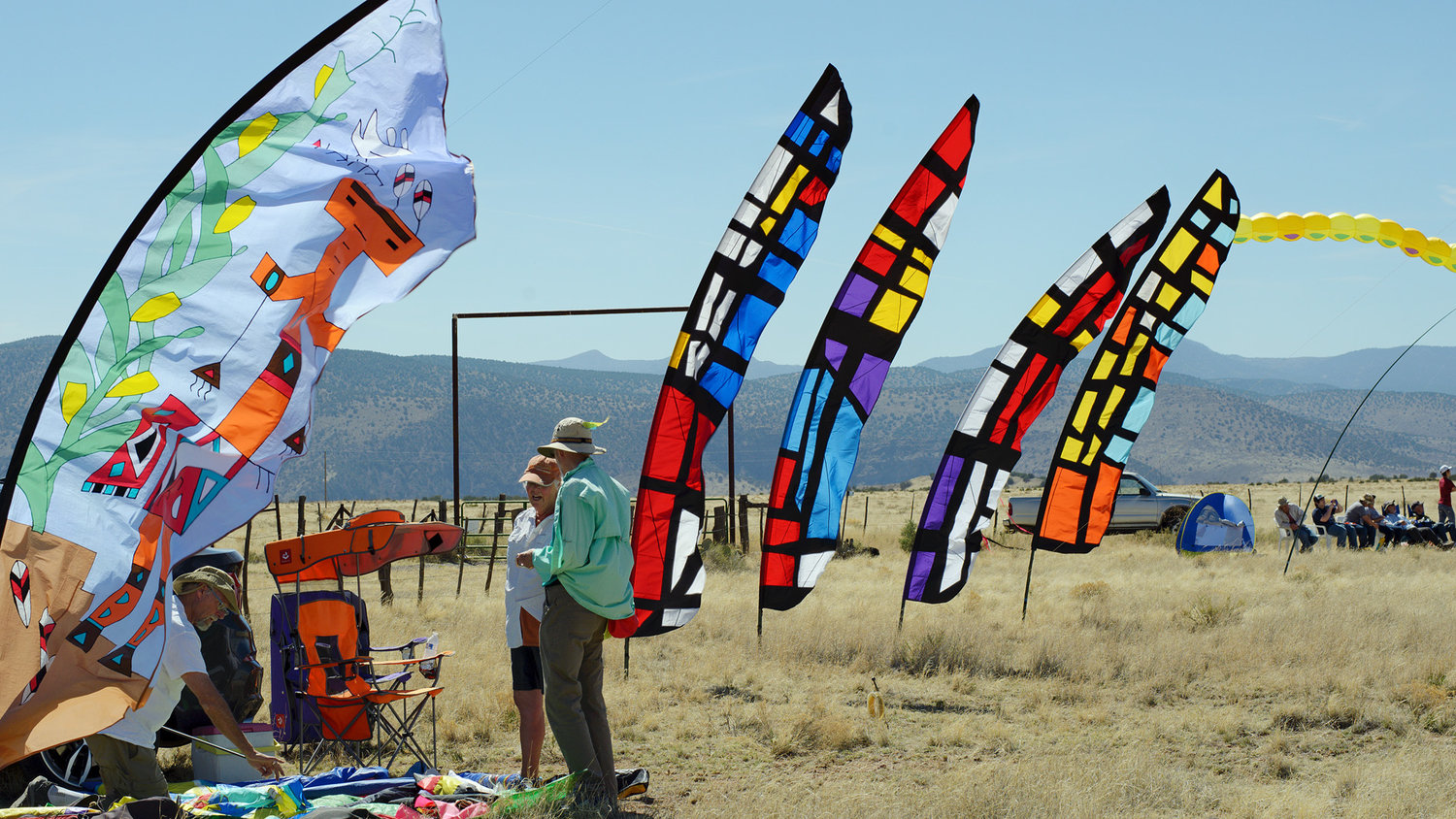 Deb Lenzen’s colorful banners added to the festive atmosphere of the 2018 Kite Flying Picnic.