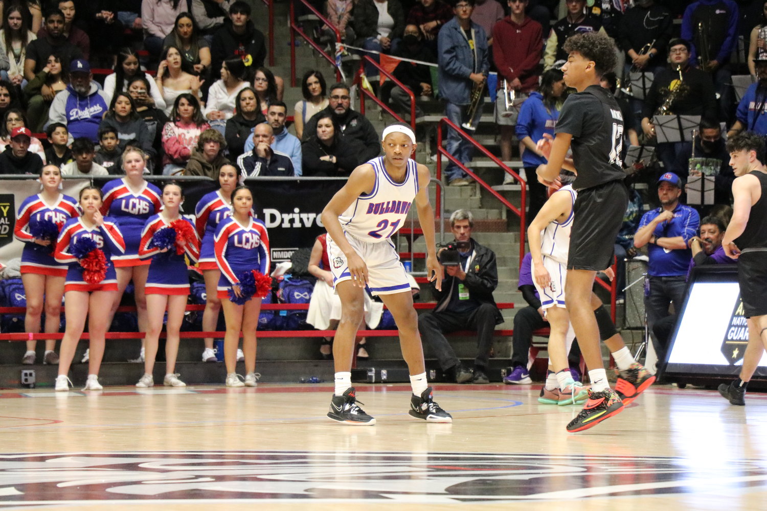 William "Deuce" Benjamin on defense during Volcano Vista game in state 5A finals March 12.