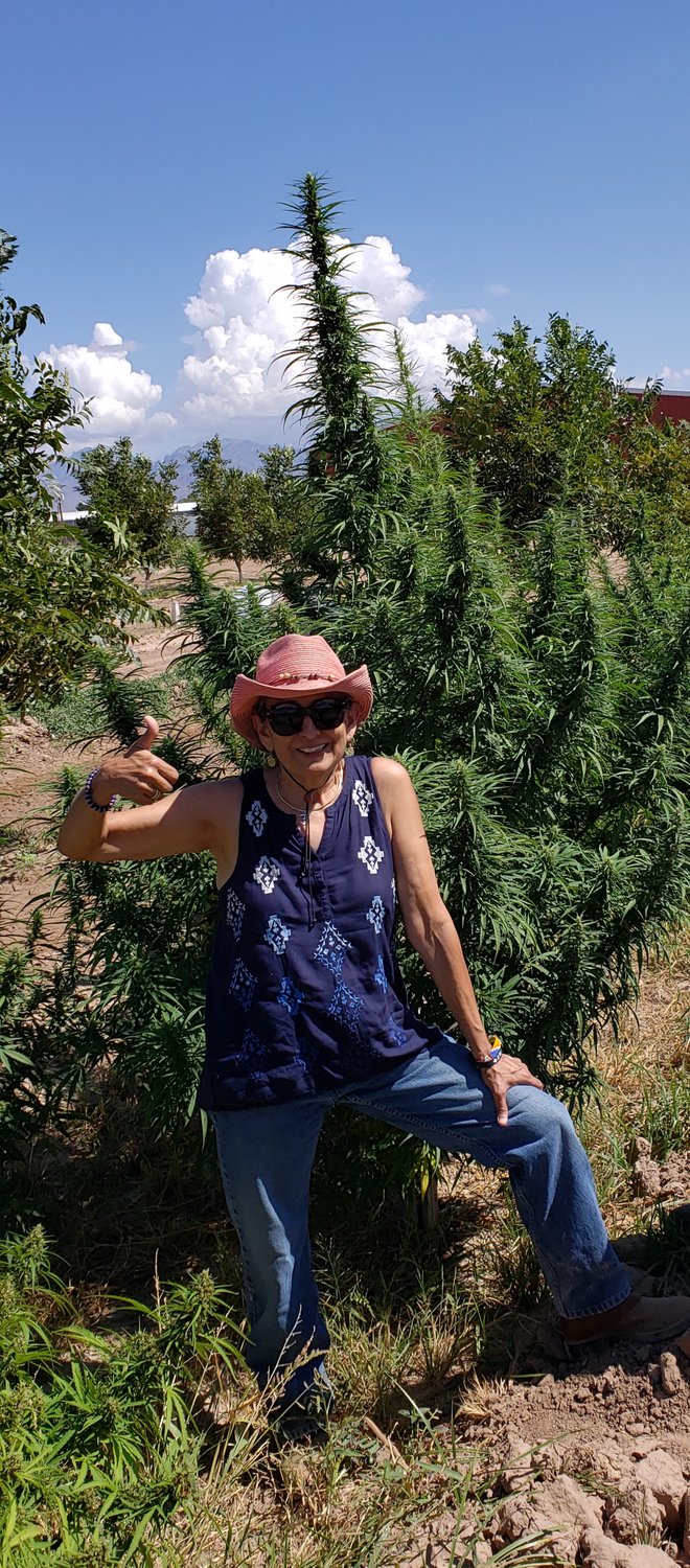 Dr. Hilda Luz Chavez in front of an adult cannabis  (hemp) plant