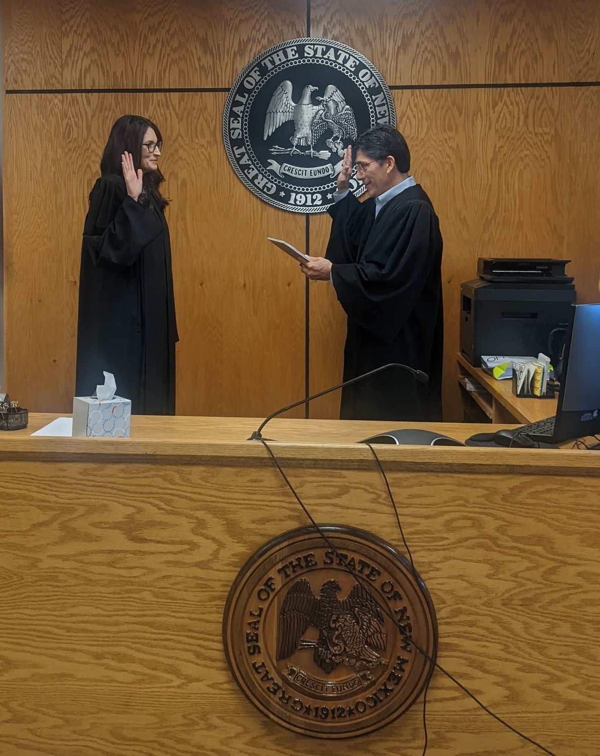 New District Judge Jessica Streeter was sworn in April 18 by Third Judicial District Chief Judge Manuel Arrieta.