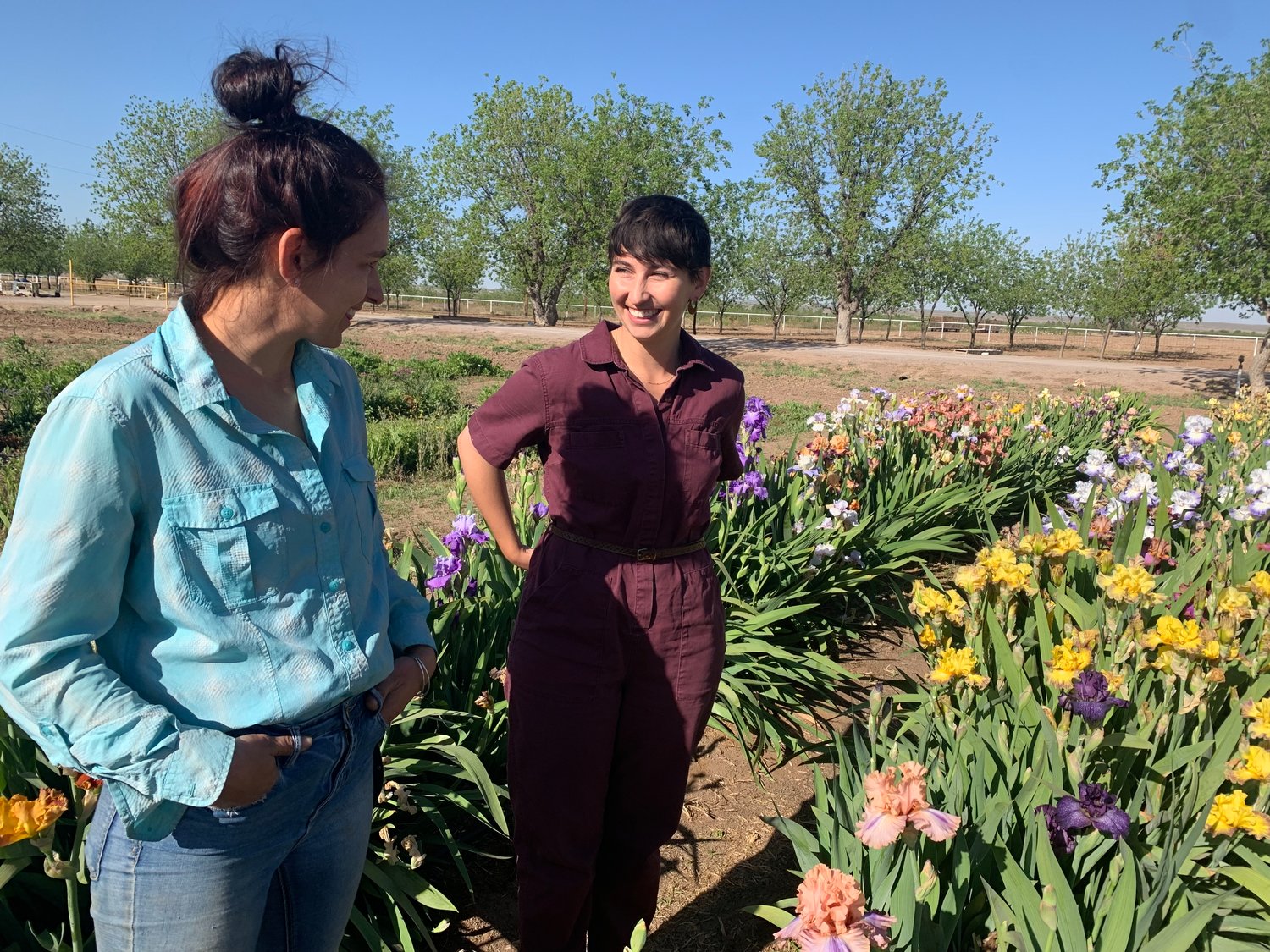 Sisters  Susannah Calhoun and Lillian Calhoun manage Calhoun Flower Farms in Anthony, New Mexico. Hands-on work means everything from harvesting snapdragons to delivering bouquets. Here they chat in the iris garden.
