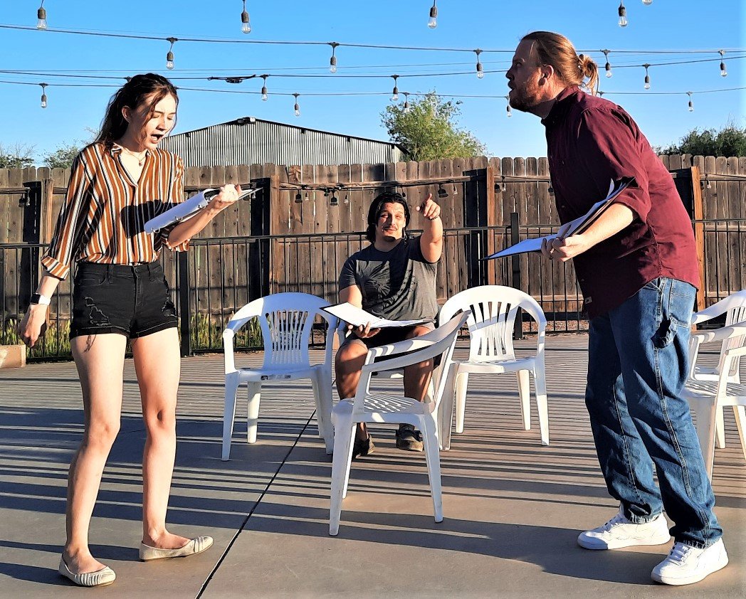 Rehearsing for Blank Conversations Theatre Company’s upcoming production of “Meteor Shower” at Rio Grande Theatre are Jazmin Buchman, Chad Gonzales and Eric Brekke.