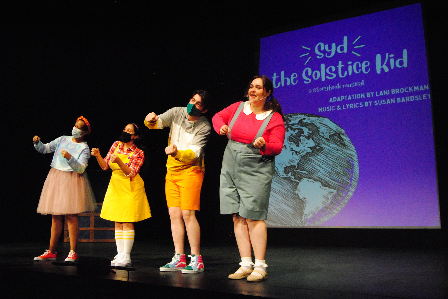 Left to right are NMSU Theatre Department student actors JJ Hanley (“Deonn”), Dominique Gomez (“Syd”),  Riley Merritt (“Simon”) and Kamryn Neill (“Kaysy”),) in the NMSU Theatre Department’s 2021 production of “Syd, the Solstice Kid.”