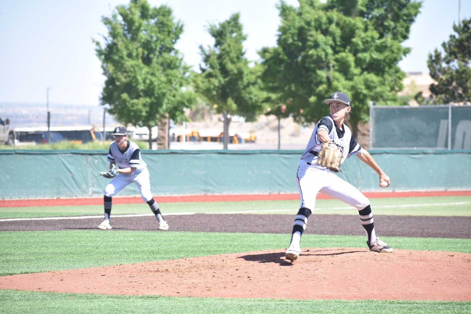 Organ Mountain pitcher Randy Bailey deals in the top of the fourth inning of Thursday's state 5A quarterfinal against Hobbs at the University of New Mexico's Santa Ana Star Field in Albuquerque.