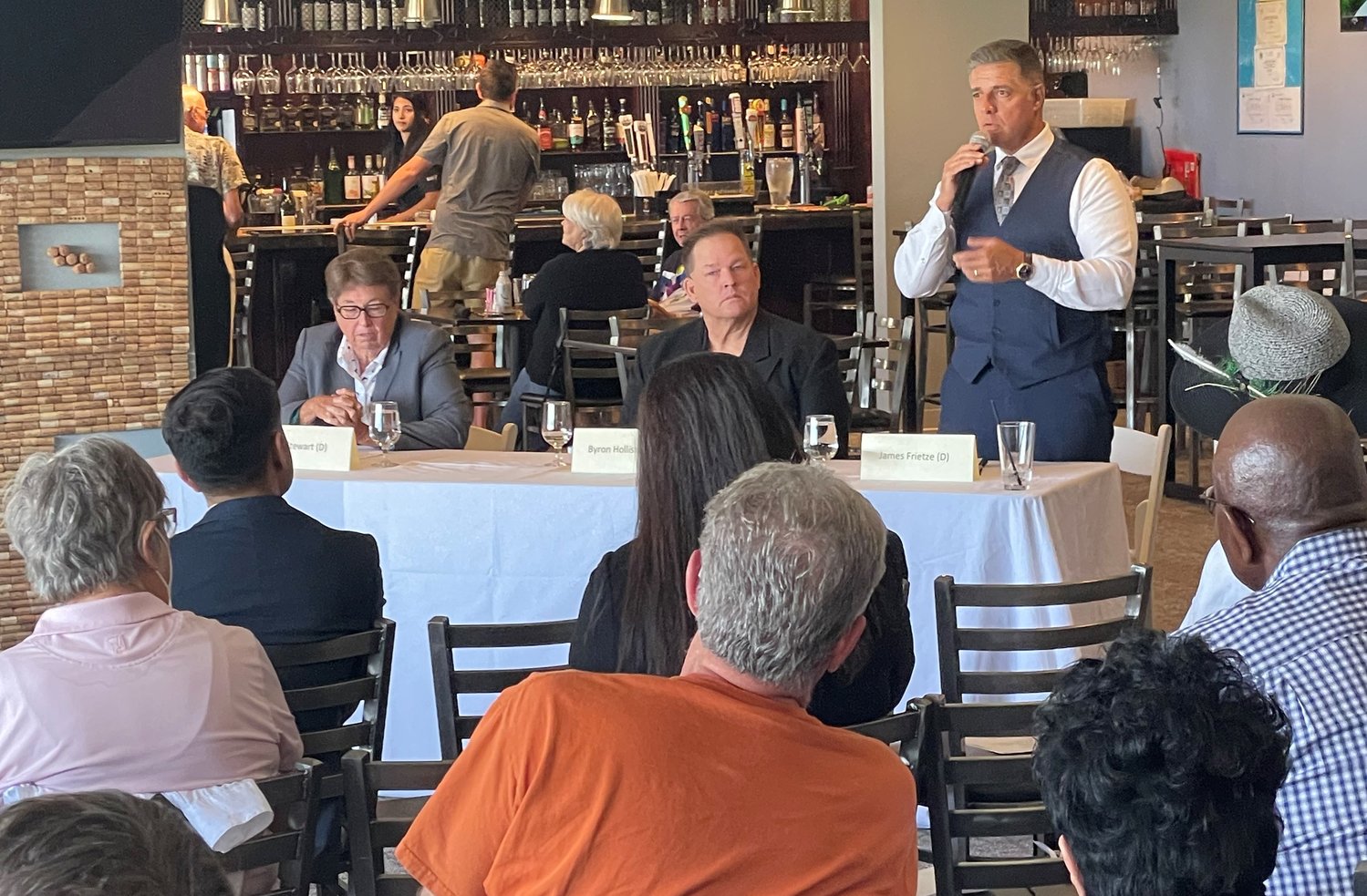James Frietze, a candidate for Doña Ana County sheriff in the June 7 Democratic primary, speaks at the Picacho Hills Property Owners Association May 17 candidate forum. Other candidates for county sheriff at the forum were incumbent Sheriff Kim Stewart, who is also a Democratic, and Republican Byron Hollister.