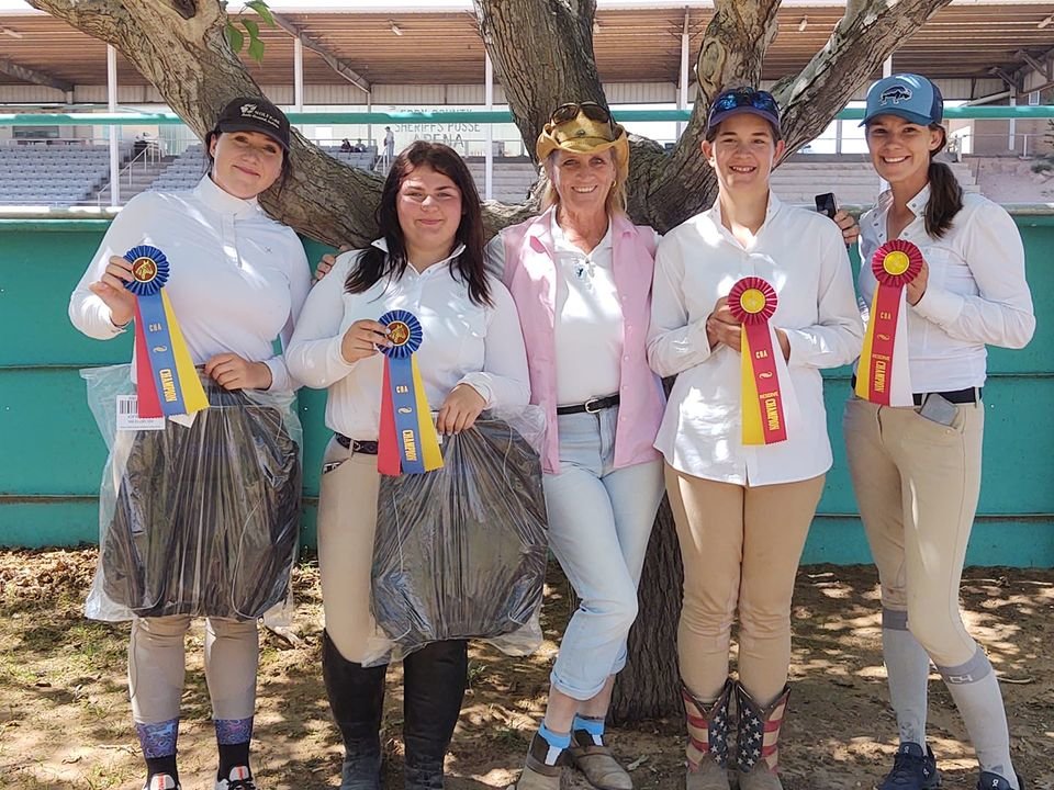Winning Red Sky Farm equestrians are, left to right, Lauren Meske, Katlin Ohle, Trainer Susie Ouderkirk, Reagan Warren and Bethany Skattum