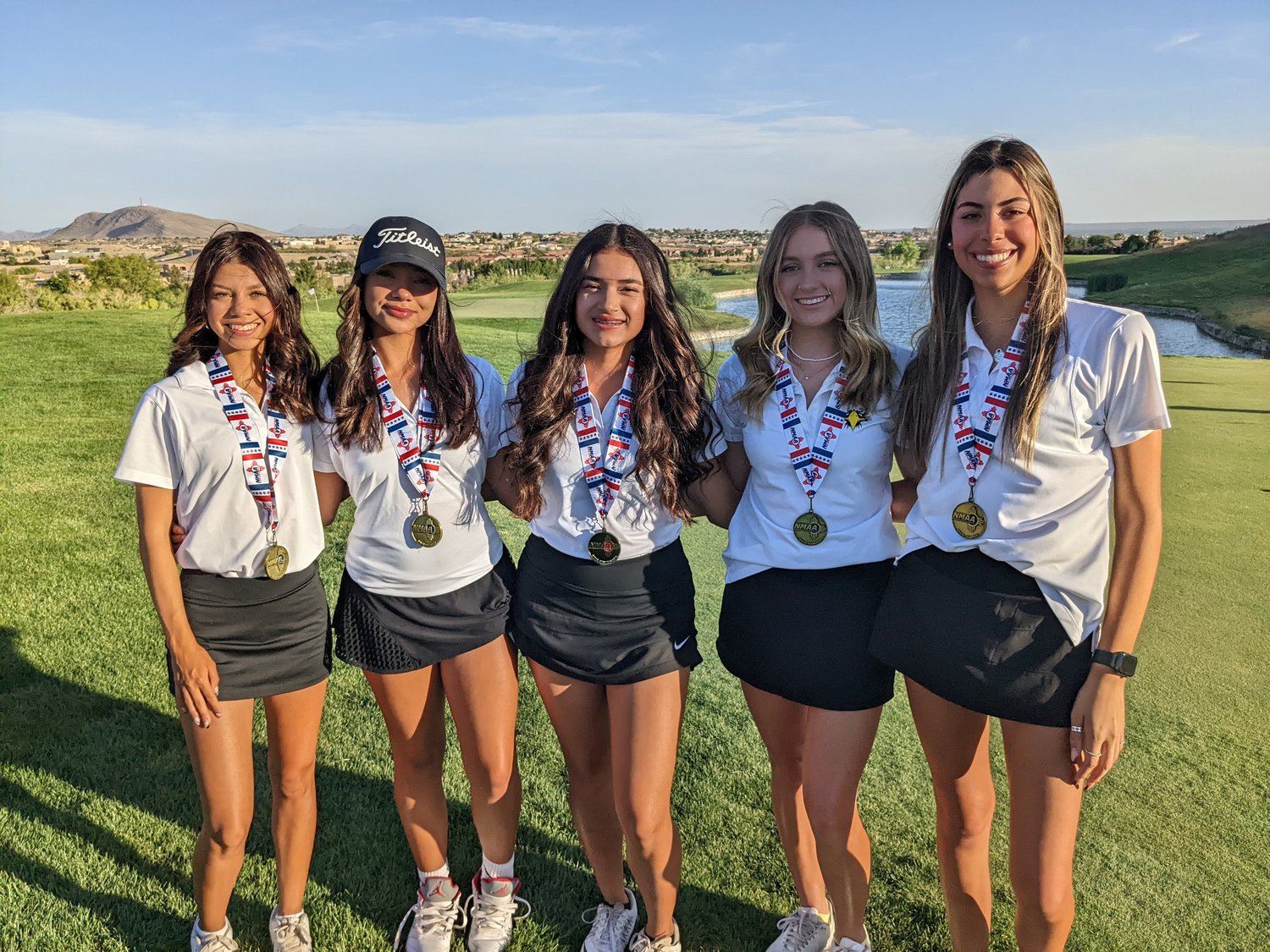 Centennial High golfers Arianna Rel, Brooklyn Maes, Alex Armendariz, Sidda Schultz and Paulina Cardenas at the Sonoma Ranch Golf Course.