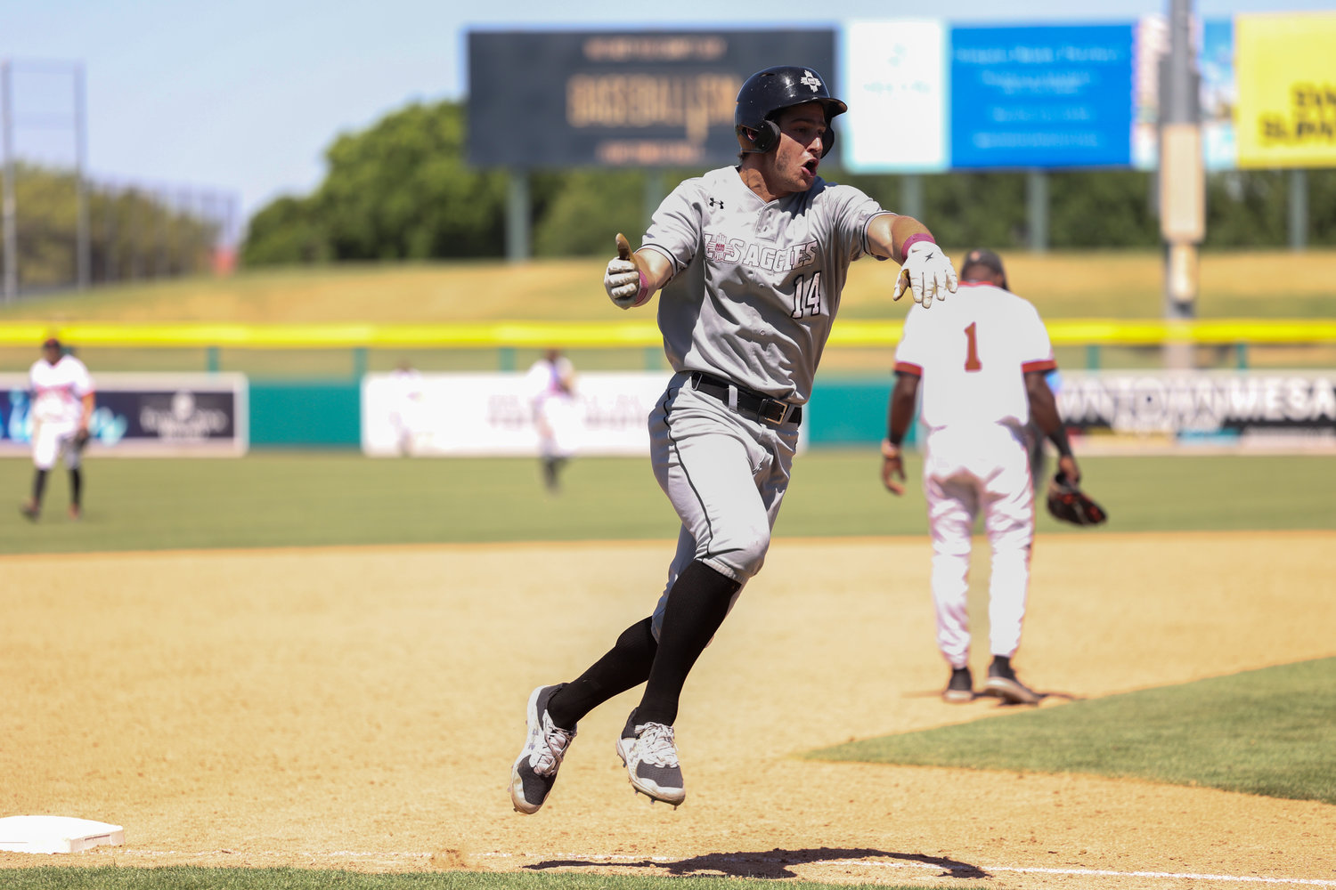 NM State's Tommy Tabak hit a key homer in the Aggies' win over Sam Houston State in the first round of the WAC tourney May 25 in Mesa, Arizona.
