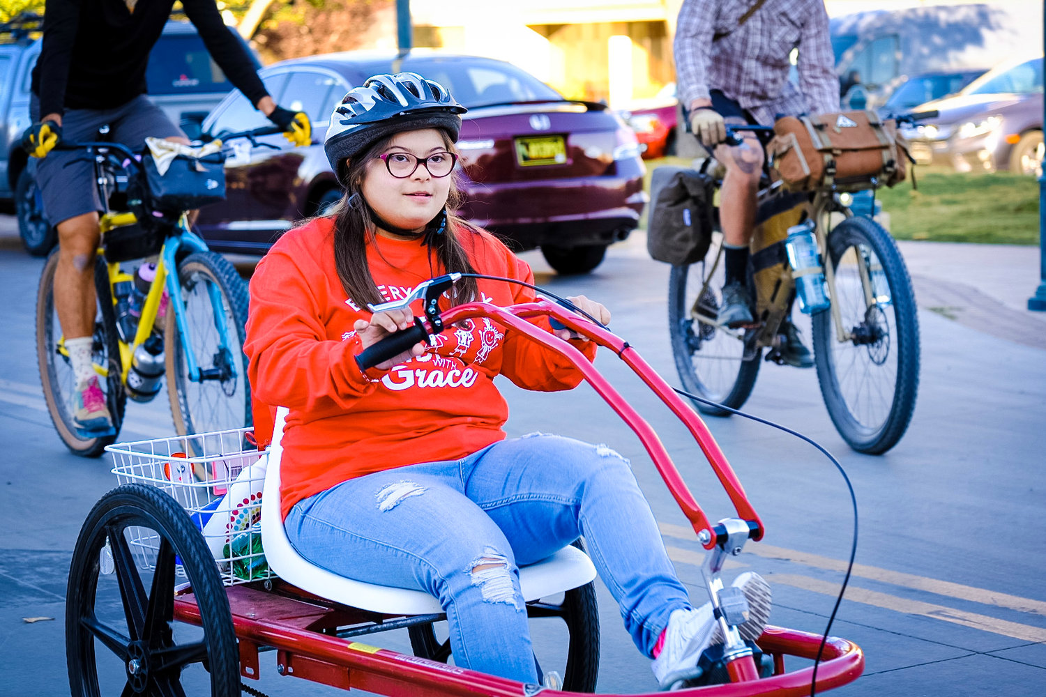 Photos by Patrick Farnsworth, published with permission of Andrea Holguin
Grace Holguin and her adaptive cycle at the October 2021 New Mexico Bikepacking Summit, where she led the Dangerbird Grand Depart.